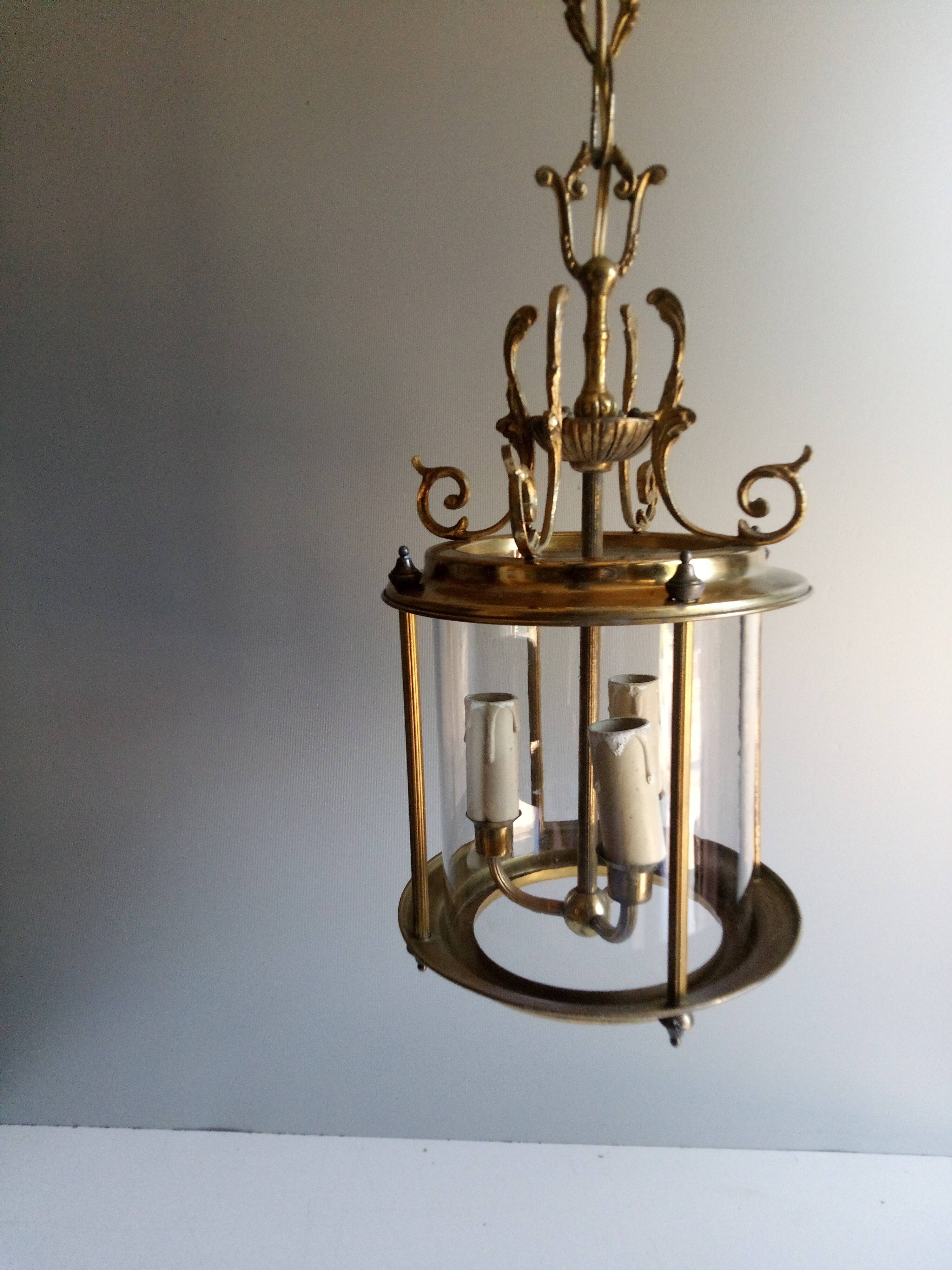 Antique entrance hall lantern - 3 lights - brass & convex glass