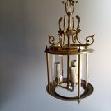 Antique entrance hall lantern - 3 lights - brass & convex glass