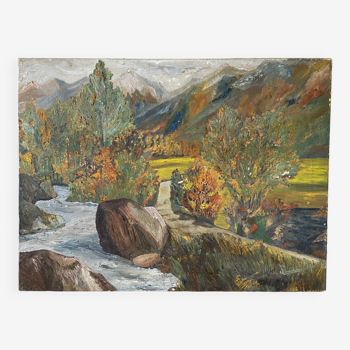 Huile sur toile montagne et rivière 1965