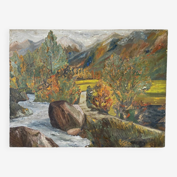 Oil on canvas mountain and river 1965