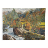 Oil on canvas mountain and river 1965