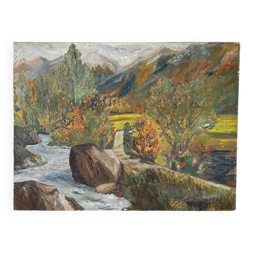 Oil on canvas mountain and river 1965