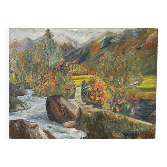 Huile sur toile montagne et rivière 1965