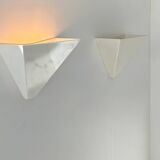 Pair of vintage geometric wall lights, white lacquered metal, France 1970