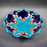 Longwy coupe model Roxane – Floral enamels on a crackled turquoise background