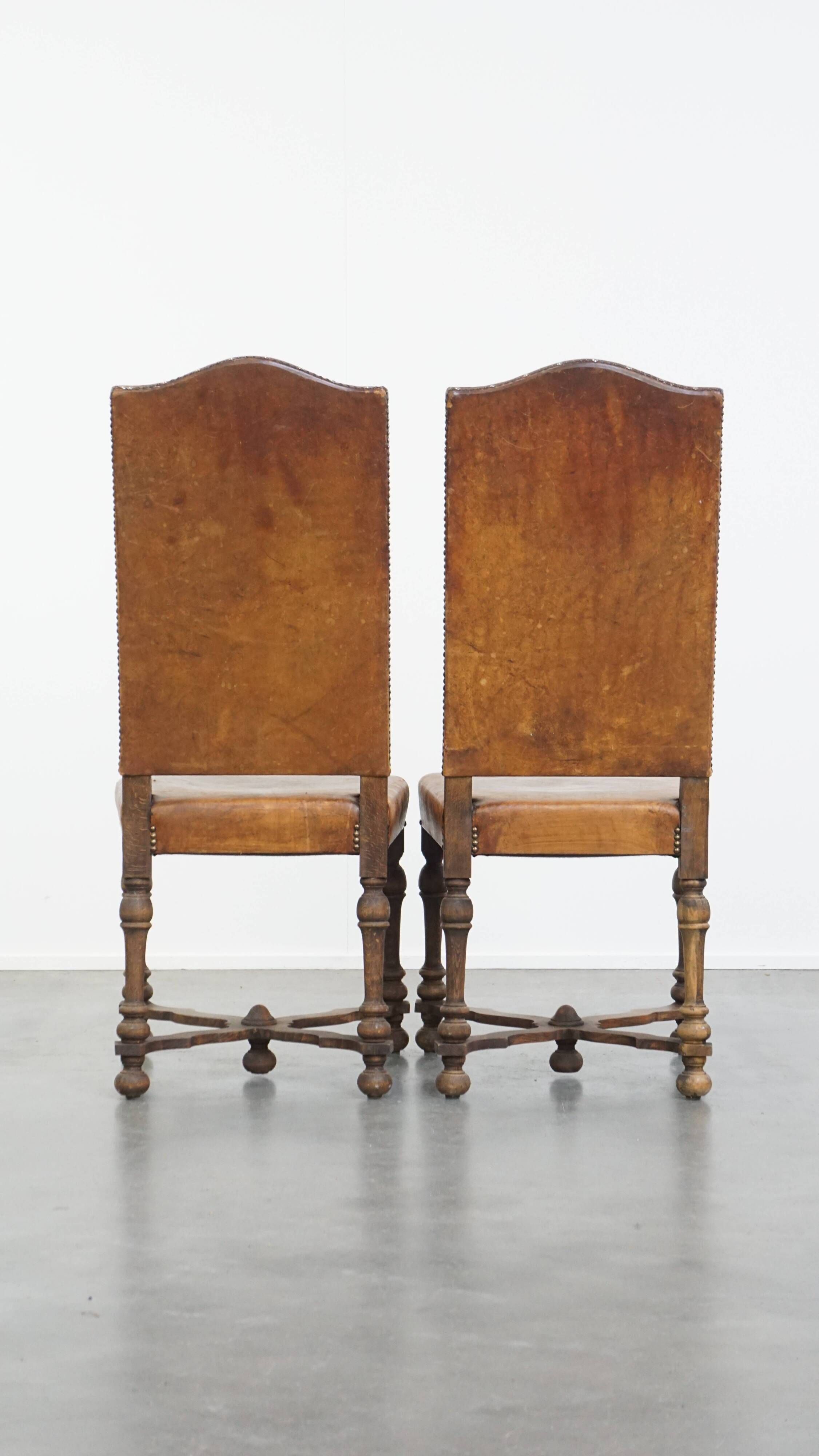Set of 2 Wooden and Sheepskin Leather Dining Chairs from the Early 1900s