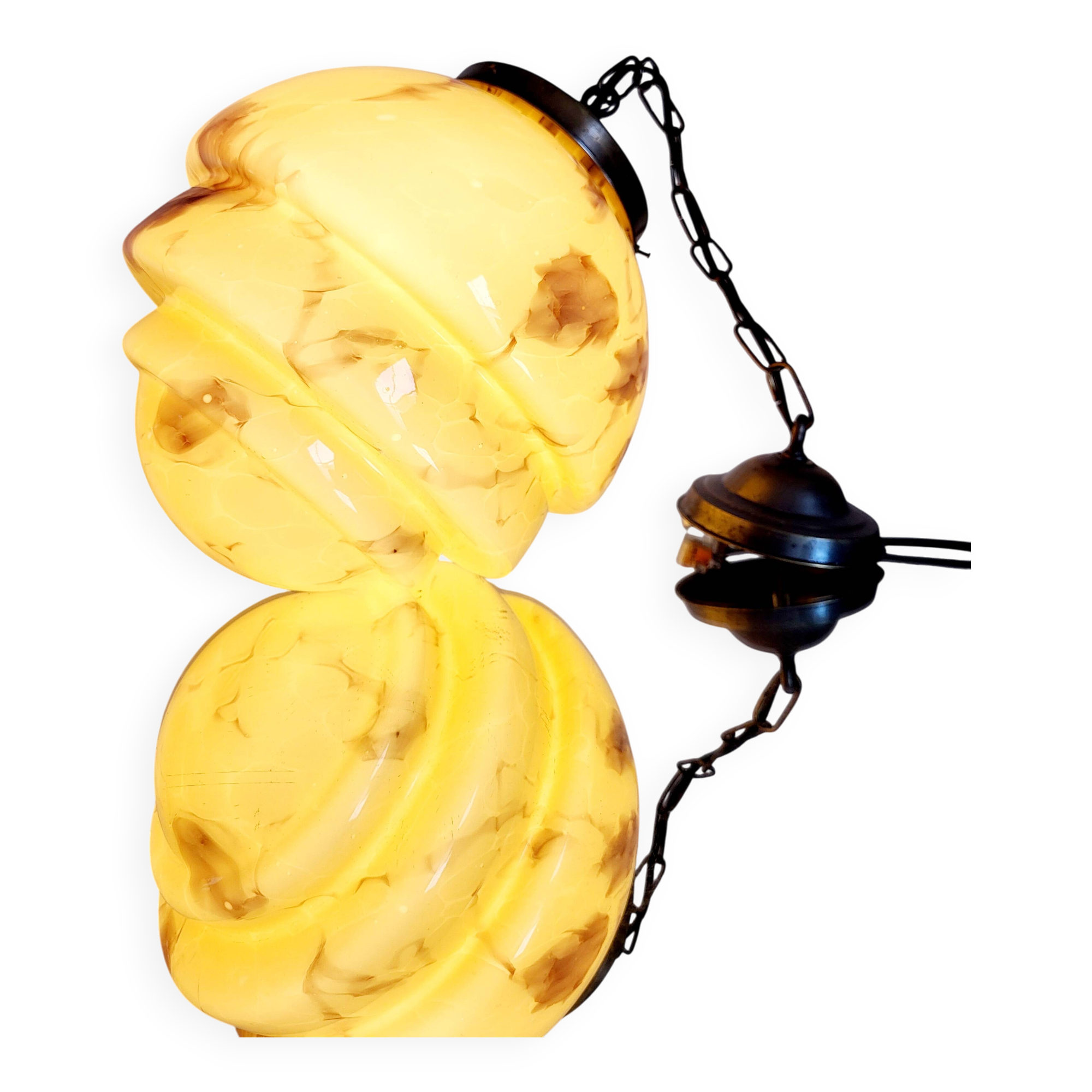 Lampe à suspension art déco en glaçure opaline, gemarmerd, messing, jaren 1930