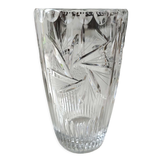 Vase vintage au Design stylé, en cristal de Bohème finement taillé -Motifs étoilés, pointes diamant