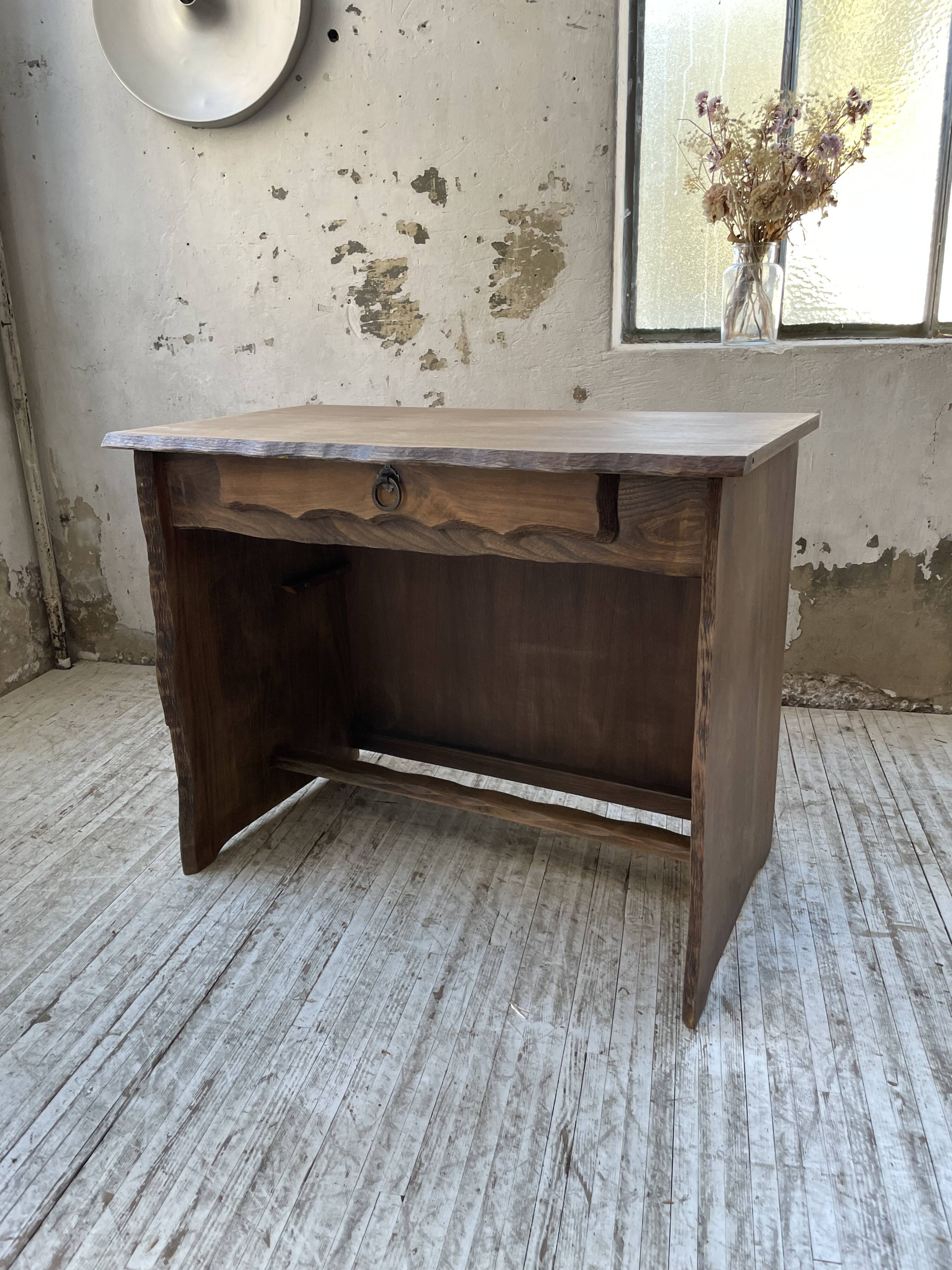 Brutalist desk in elm, signed Aranjou.
