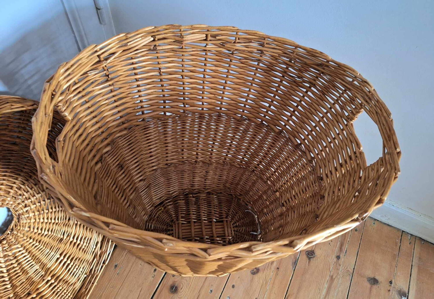 Large vintage rattan basket, retro wicker decoration