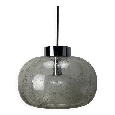 Suspension XL en verre à bulles rare et chrome par Doria Leuchten 1970
