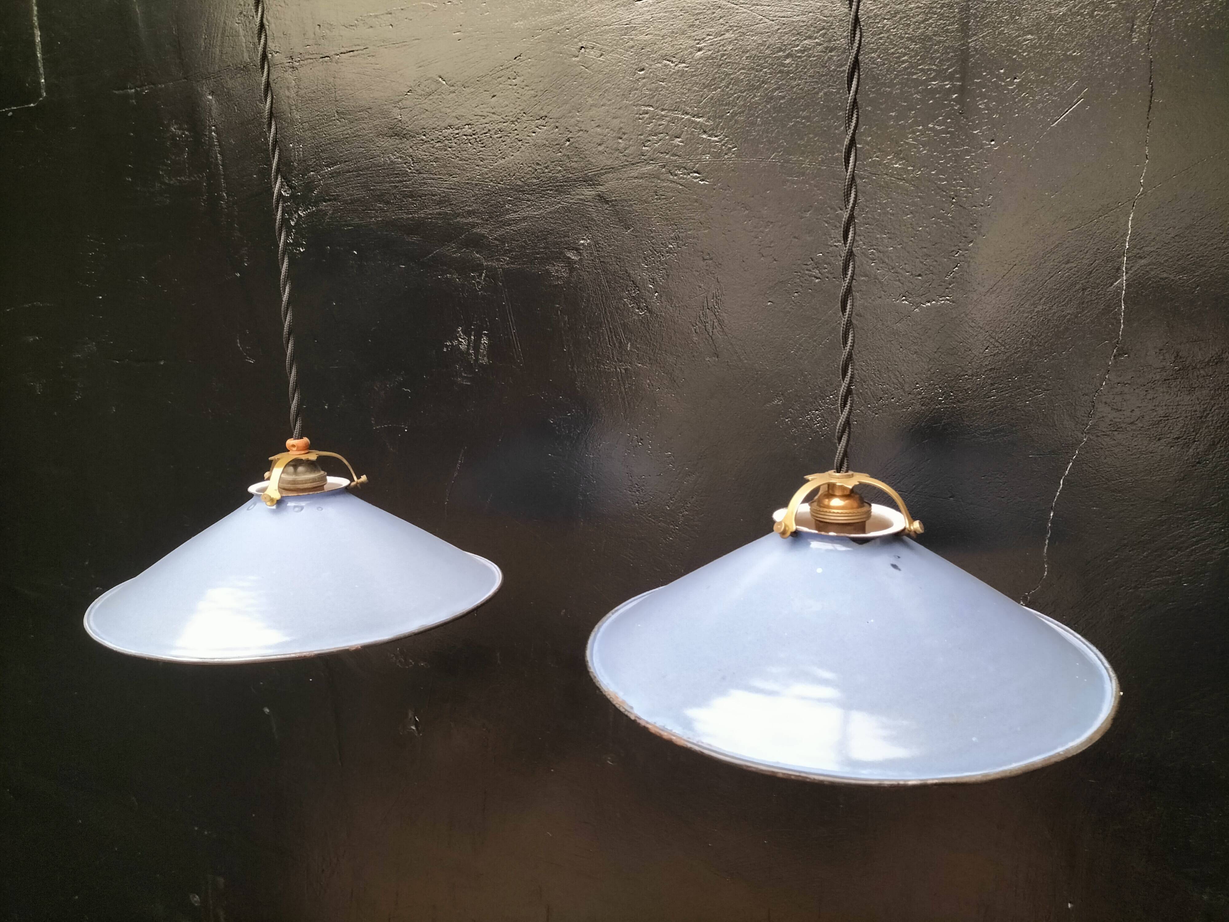 Pair of blue enameled sheet metal pendant lights
