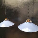 Pair of blue enameled sheet metal pendant lights