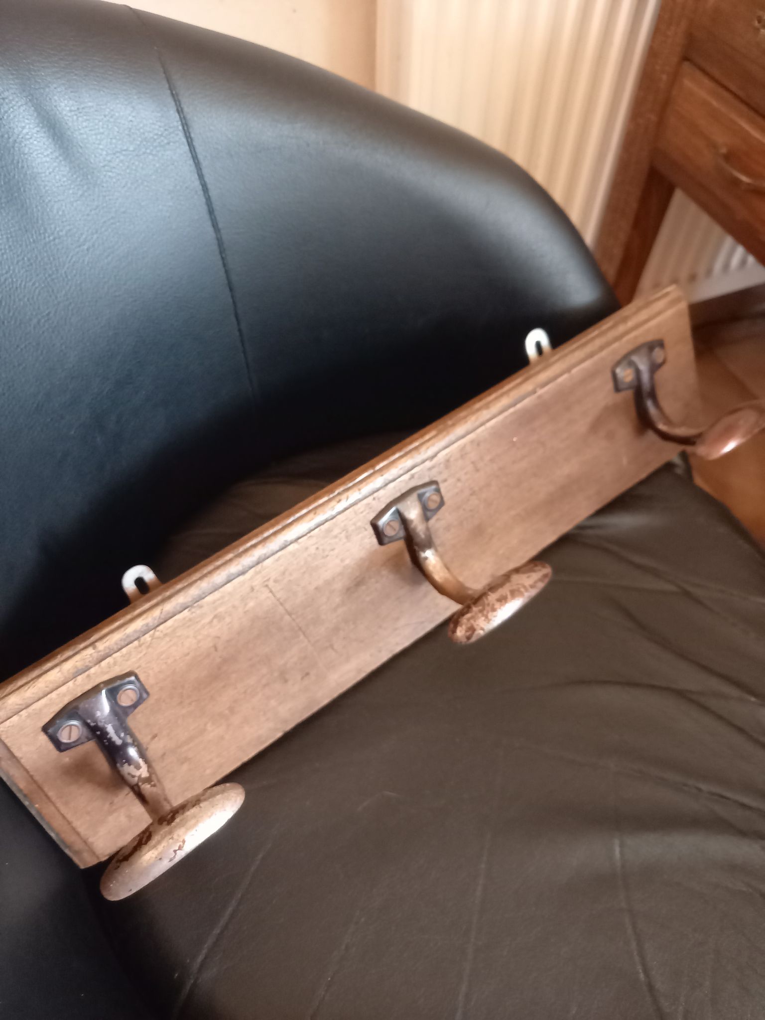 Old wooden coat rack 3 metal hooks