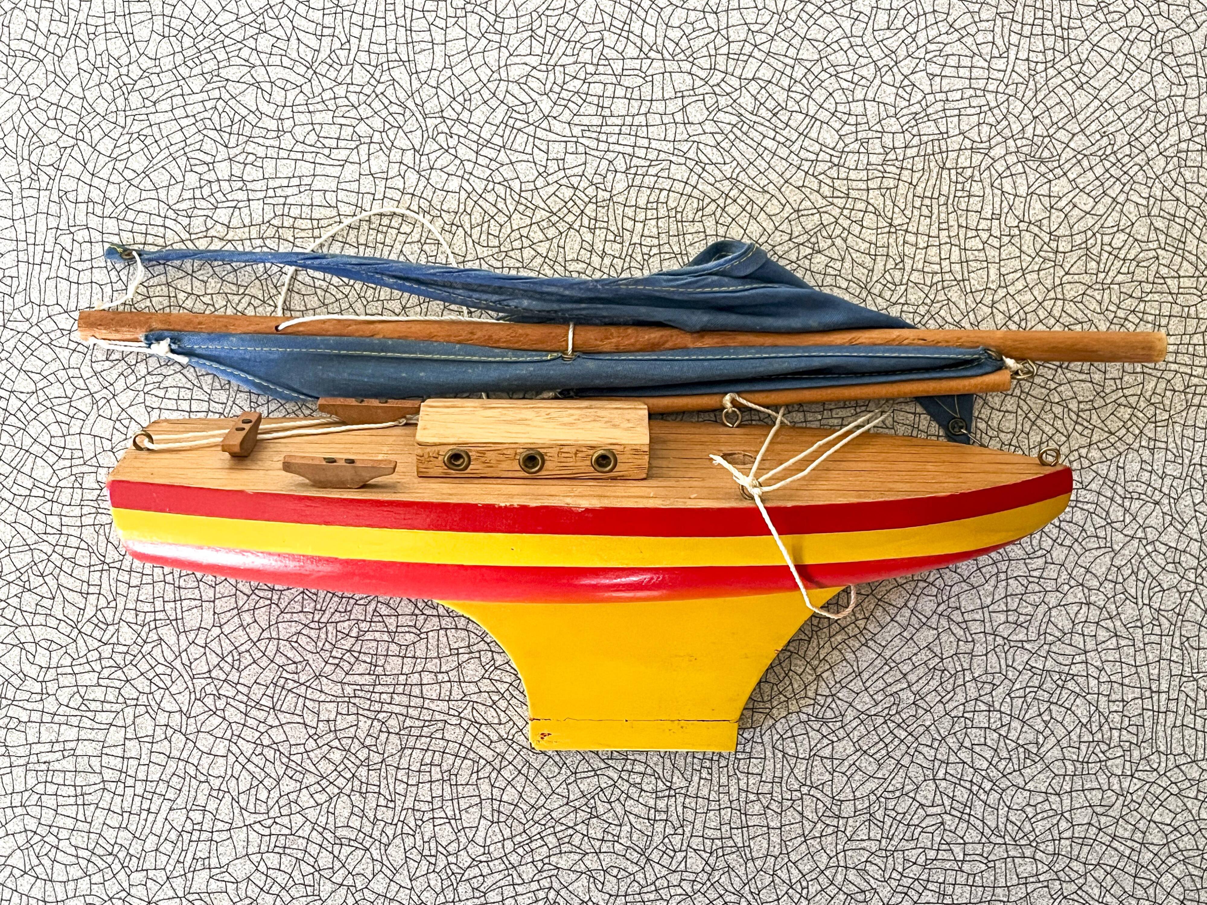 Wooden sailboat, cotton sails, vintage toy