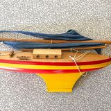 Wooden sailboat, cotton sails, vintage toy
