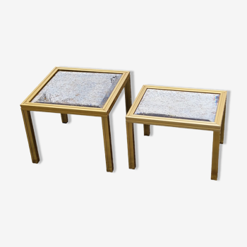 Set of 2 nesting tables of the 70s in gilded metal and eglomised mirror
