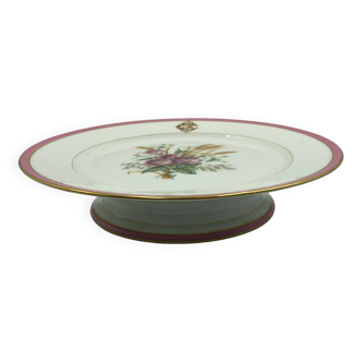 Ancien plat à gâteaux, coupe à fruits, compotier en porcelaine décor fleurs et épis. A. Collin Paris