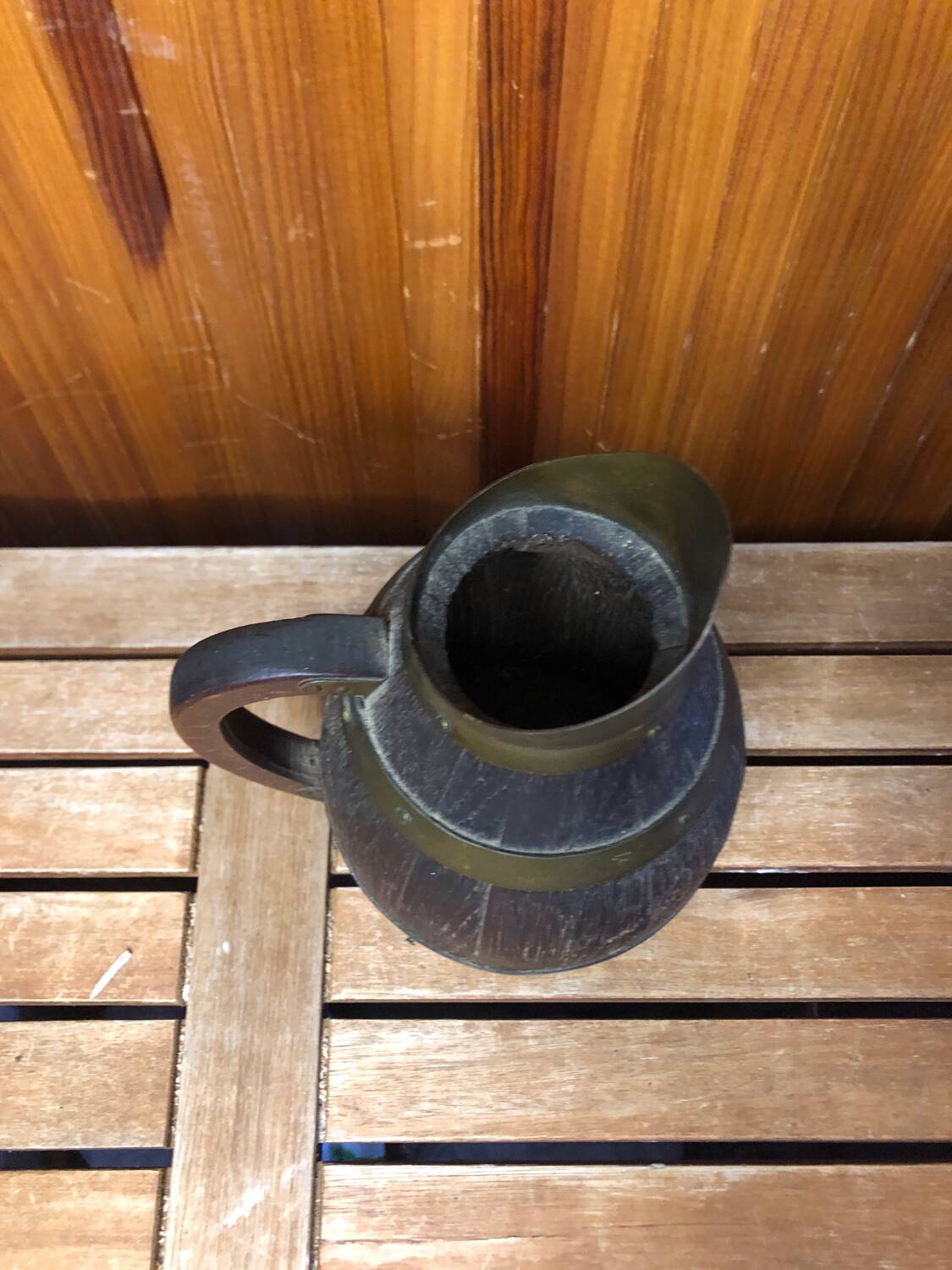 Old Wooden Pitcher + Vintage Brass Strapping