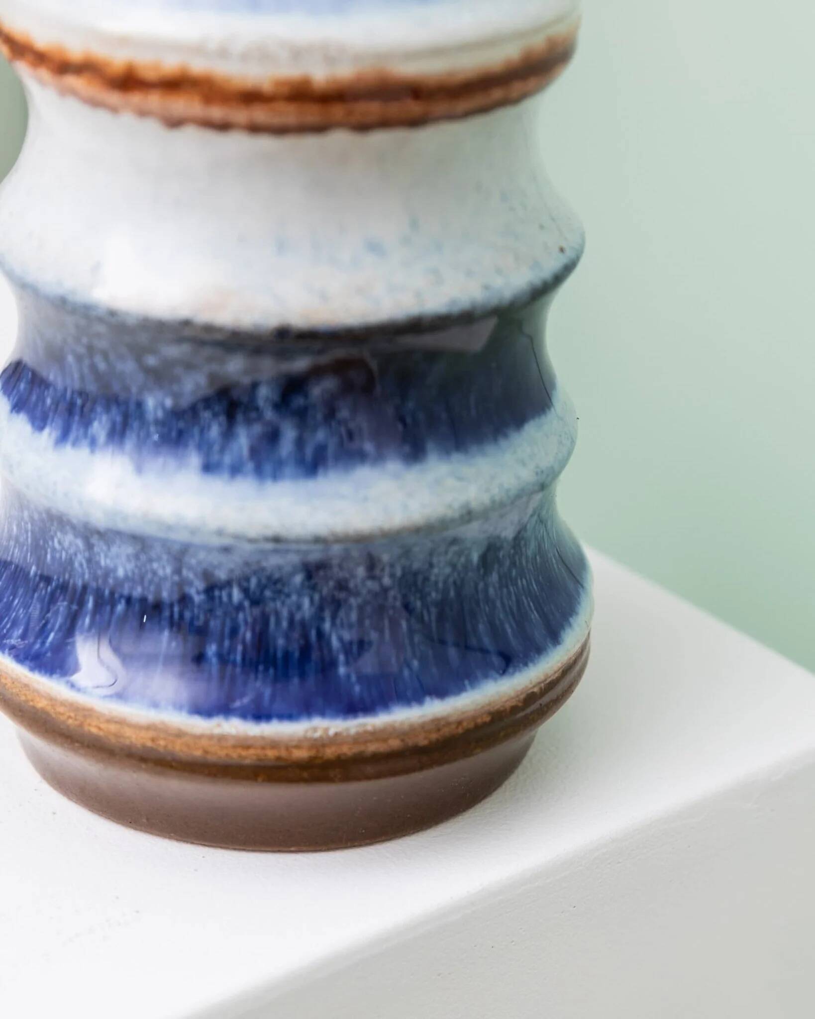 Blue and White Striped Ceramic Vase by Strehla – German Mid-Century, 1960s