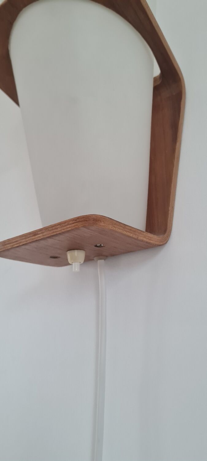 Pair of Louis Kalff frosted wood and opaline sconces