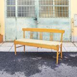 Banc en hêtre avec assise en tissu à carreaux Italie années 1950