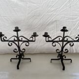 Pair of brutalist candlesticks in wrought iron