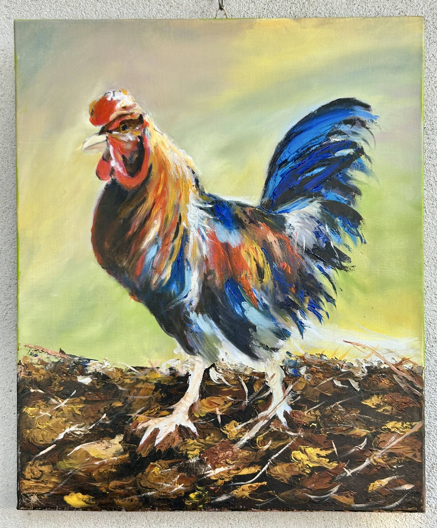 Oil on canvas, Colourful rooster painted with a knife in bright colours, Ballarin Evelyne
