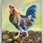 Oil on canvas, Colourful rooster painted with a knife in bright colours, Ballarin Evelyne