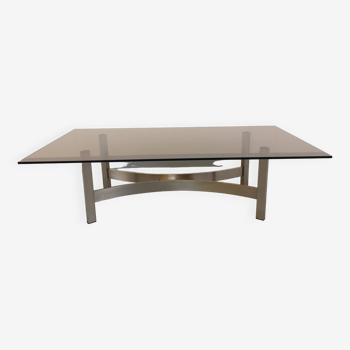 Vintage coffee table in smoked glass and brushed cast aluminum from the 70s