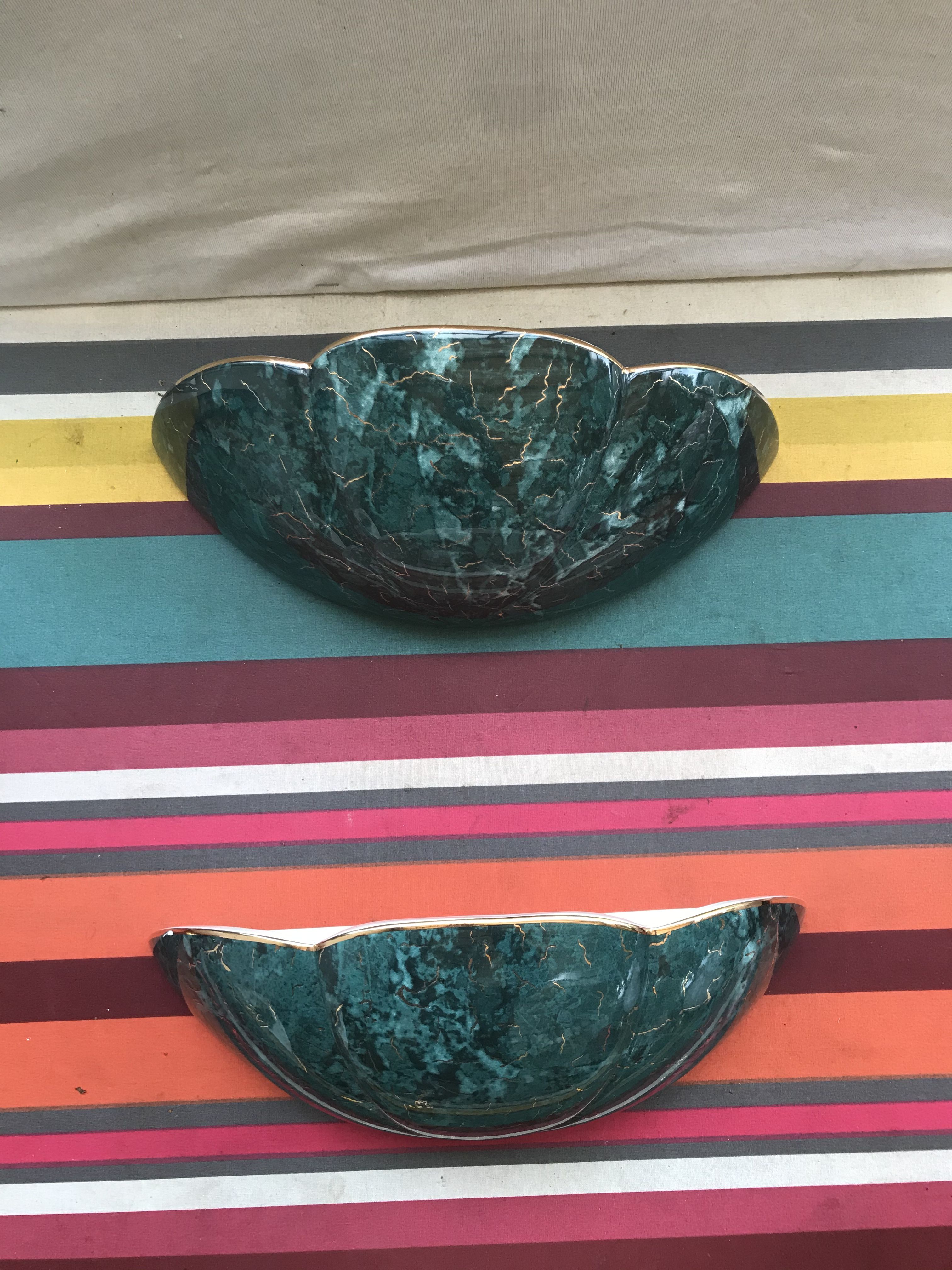 Old Pair wall light  Green Ceramics Style Marble - Vintage Golden Veins