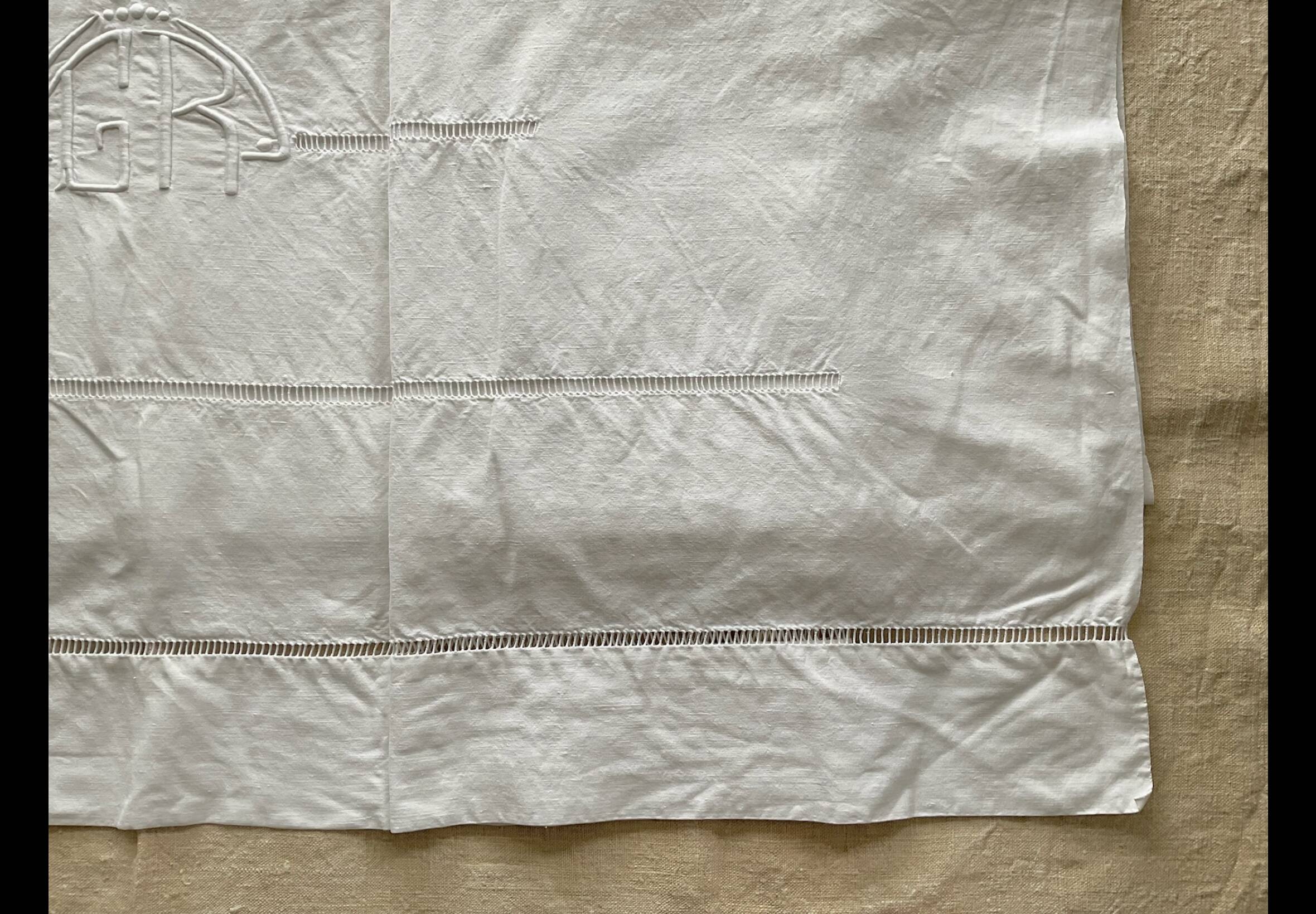Antique linen sheet hand-embroidered with GR monogram