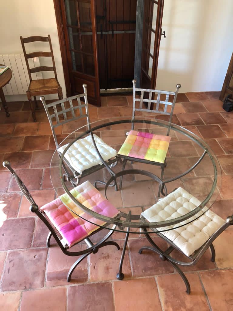Wrought iron and glass table 4 chairs