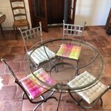 Table fer forgé et verre 4 chaises