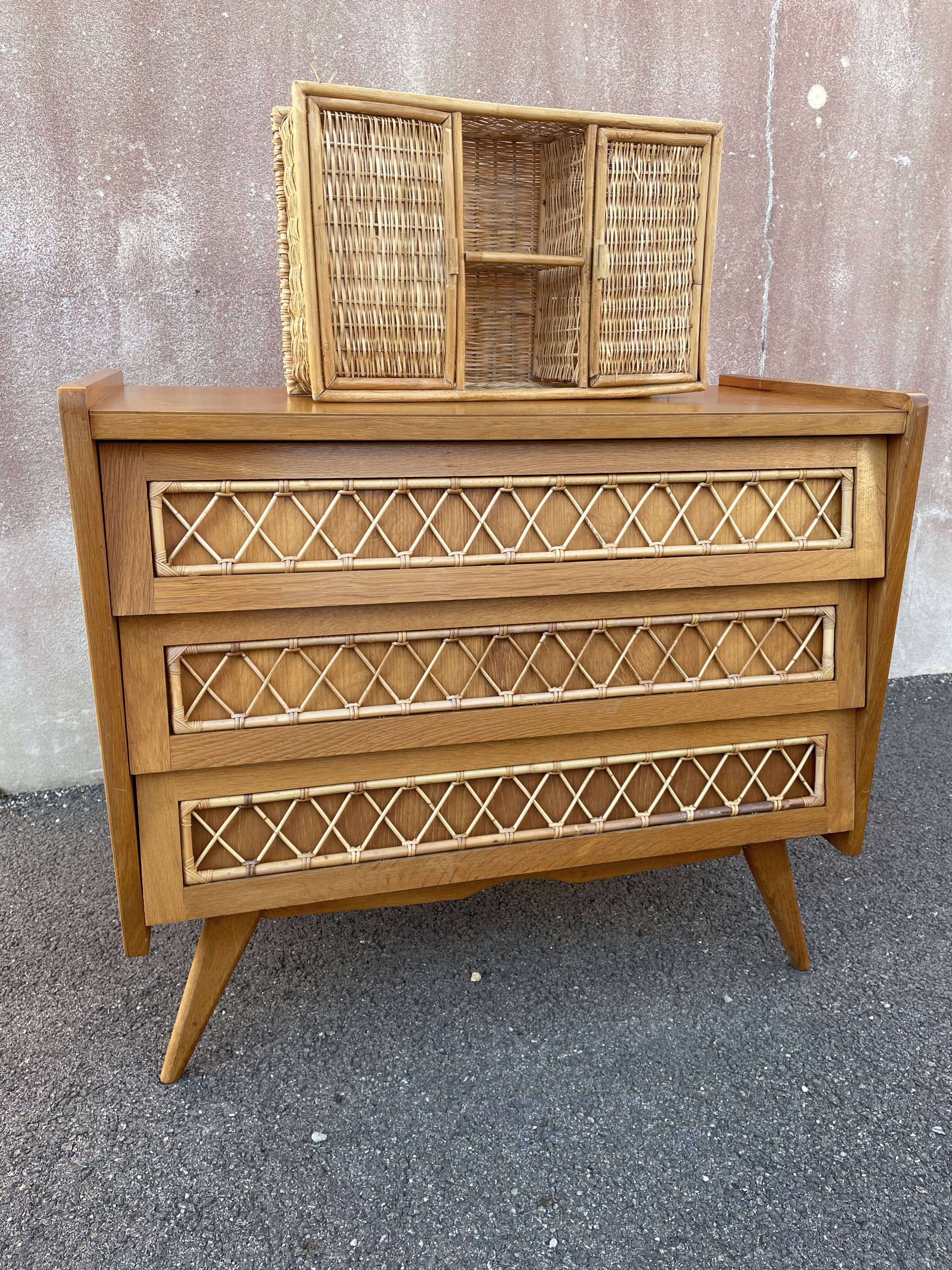 Commode bois et rotin