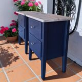 Tables de chevet MCM vintage – Bleu foncé, tiroirs et poignées laiton