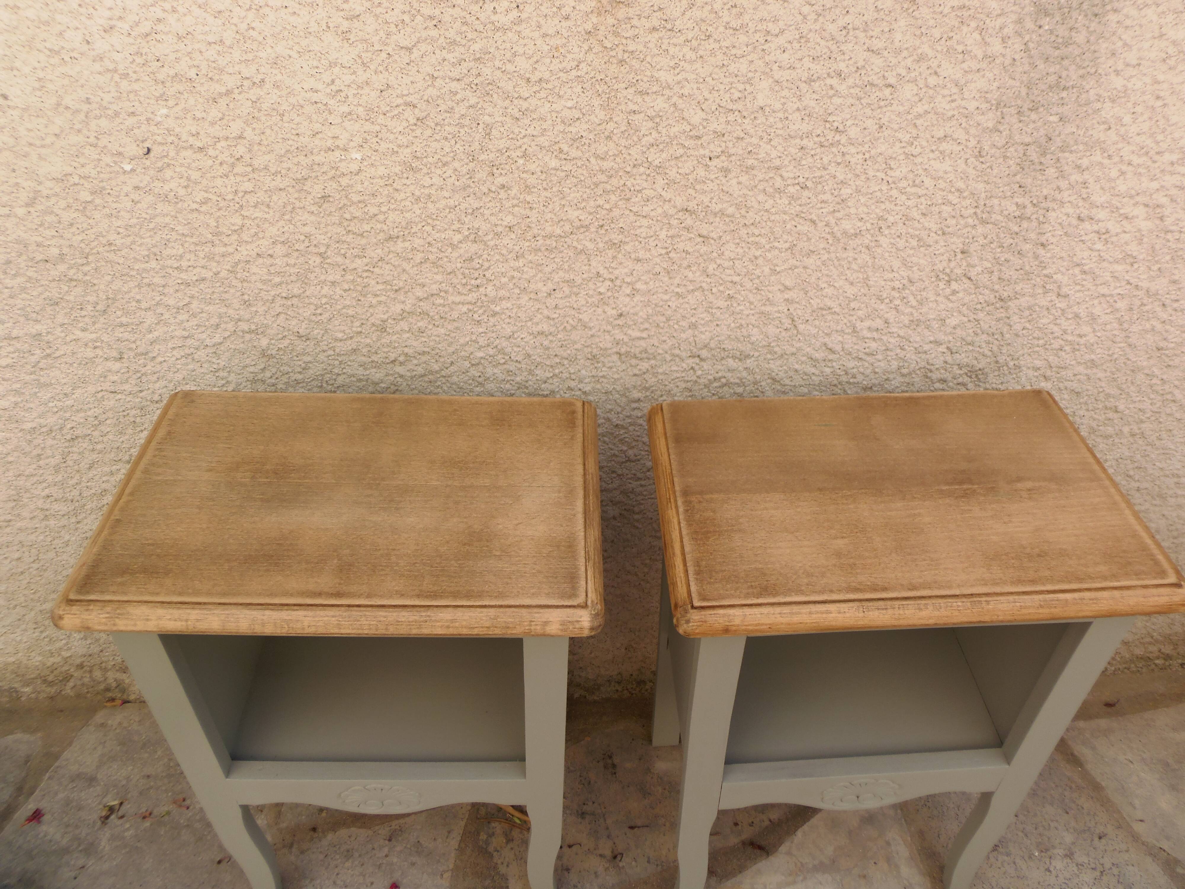 Pair of restored antique bedside tables painted in verdigris.