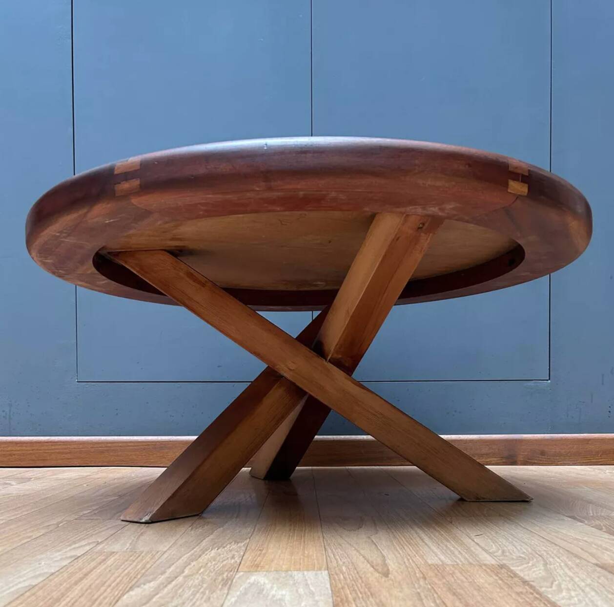 Vintage wooden coffee table with intersecting legs, France 1970
