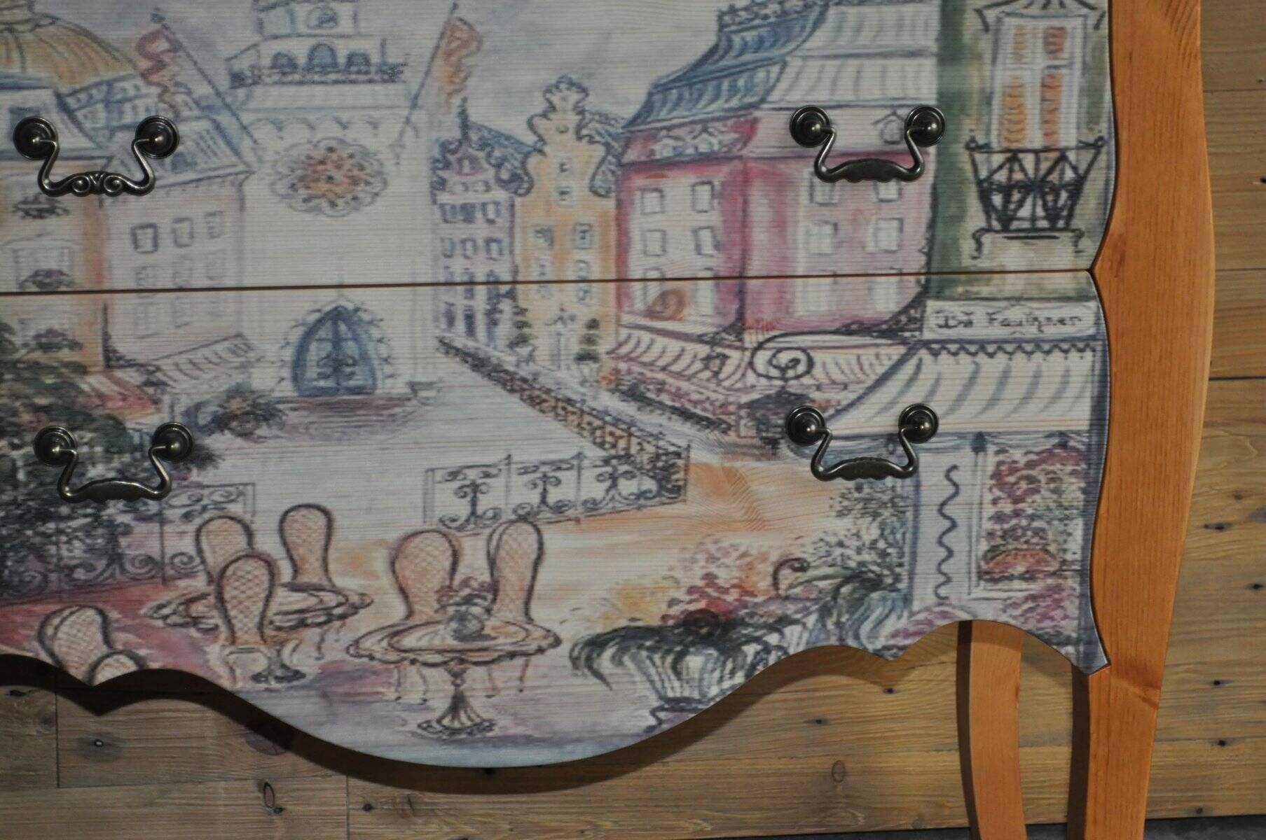 Baroque commode in multicoloured painted wood and black patinated oak with a photo of 'Paris'