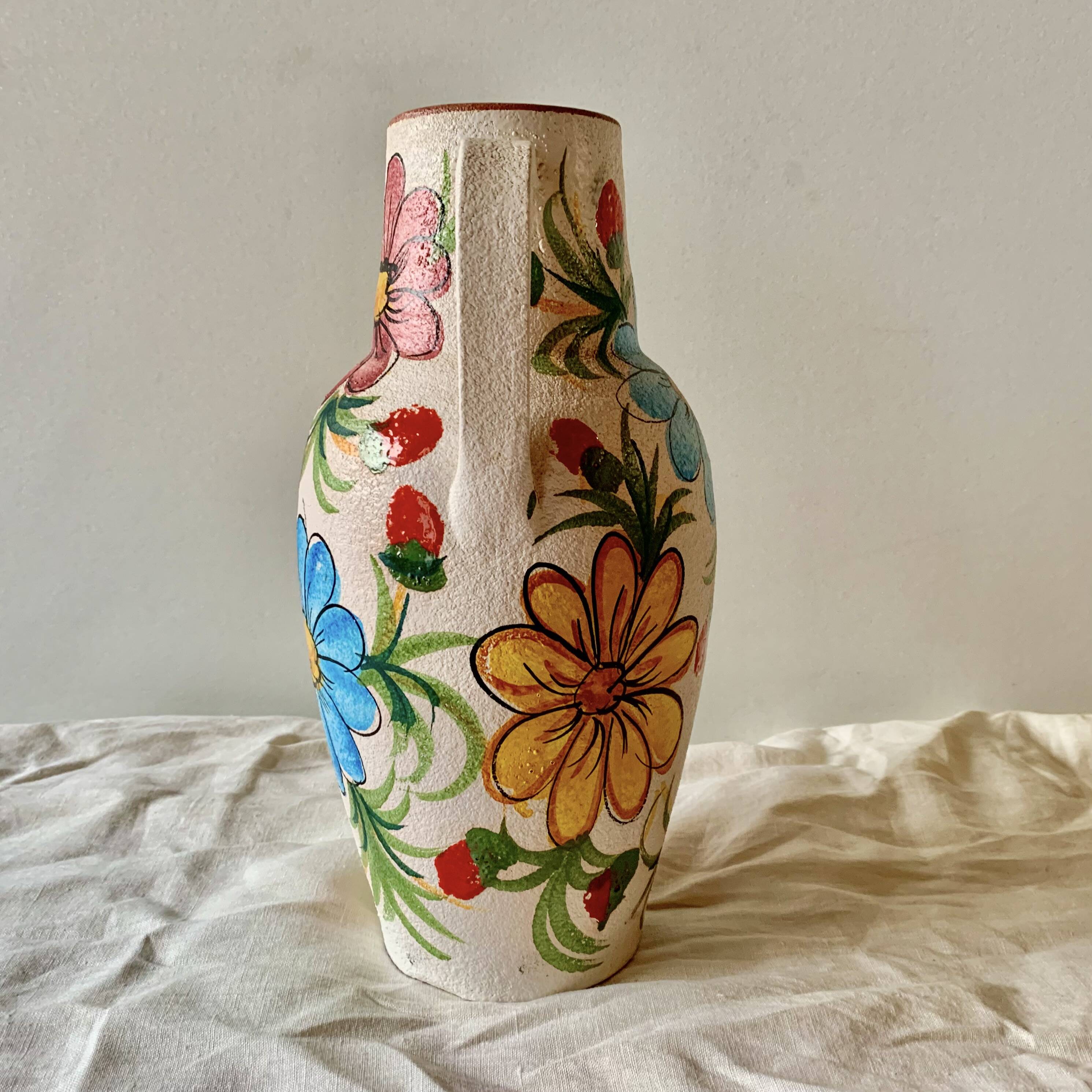 Large vintage ceramic vase - hand-painted floral decoration - Italy