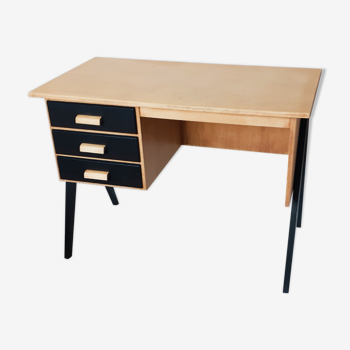 Bureau bois verni et noir pieds compas