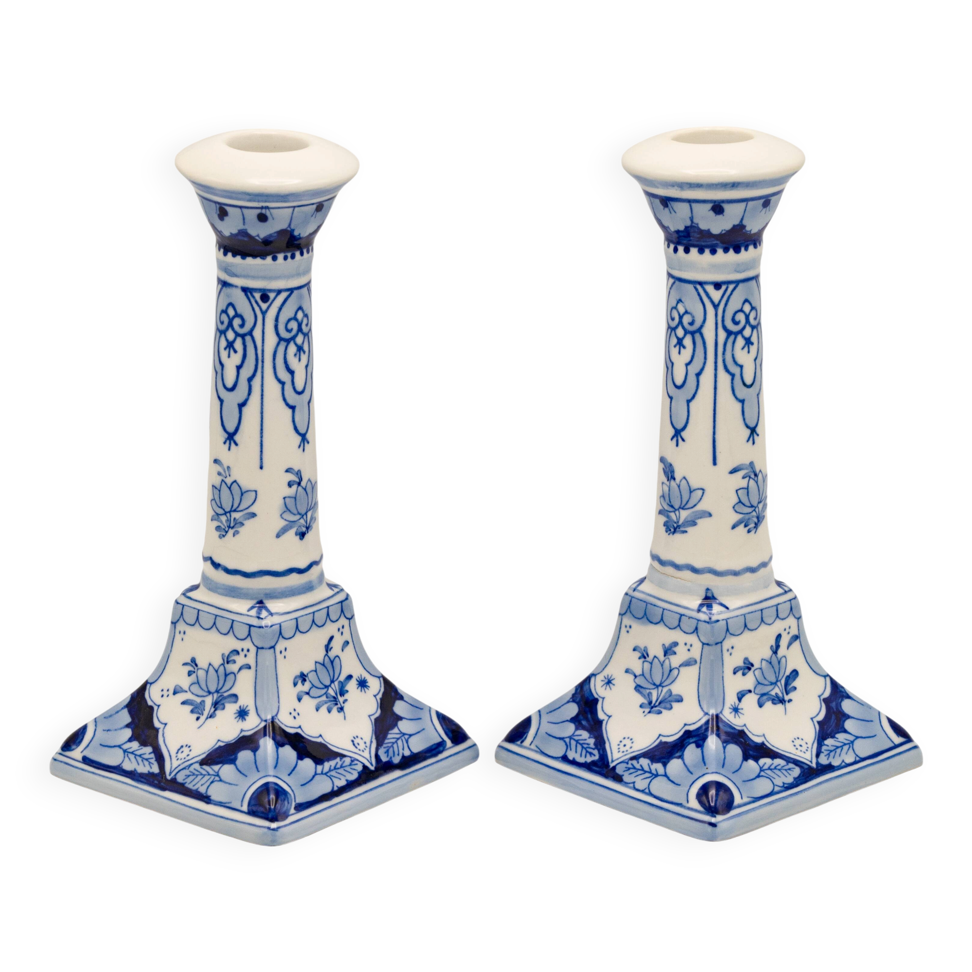 Pair of Royal Delft Blue and White Hand-Painted Ceramic Candlesticks