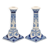 Pair of Royal Delft Blue and White Hand-Painted Ceramic Candlesticks