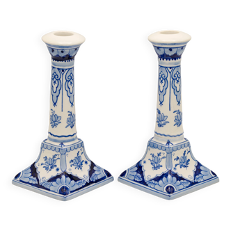 Pair of Royal Delft Blue and White Hand-Painted Ceramic Candlesticks