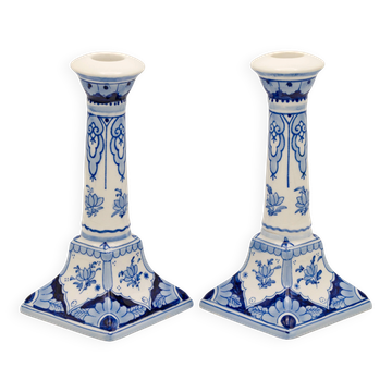 Pair of Royal Delft Blue and White Hand-Painted Ceramic Candlesticks