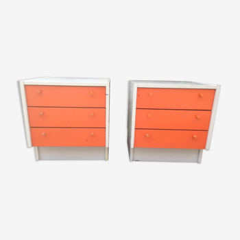 Paire de commodes vintage blanche et orange