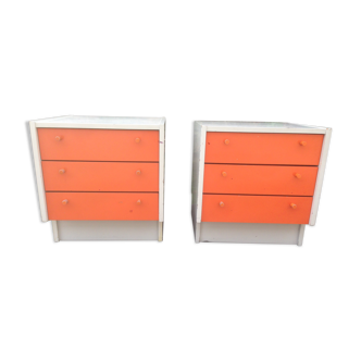 Paire de commodes vintage blanche et orange