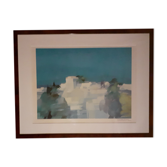 Lithograph Mediterranean landscape of Defossez