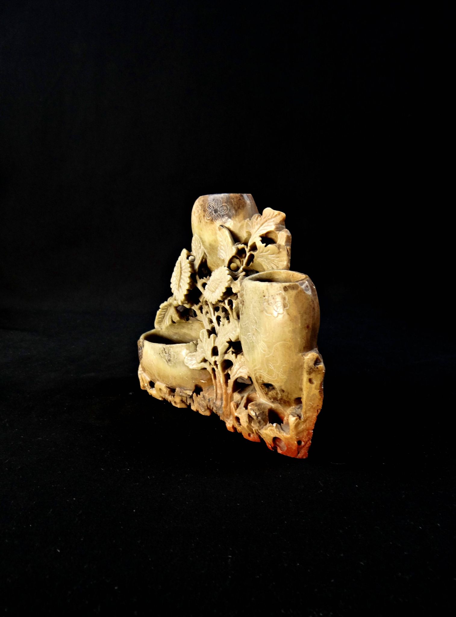 Chinese soapstone or steatite inkwell vase with floral decoration, late 19th century