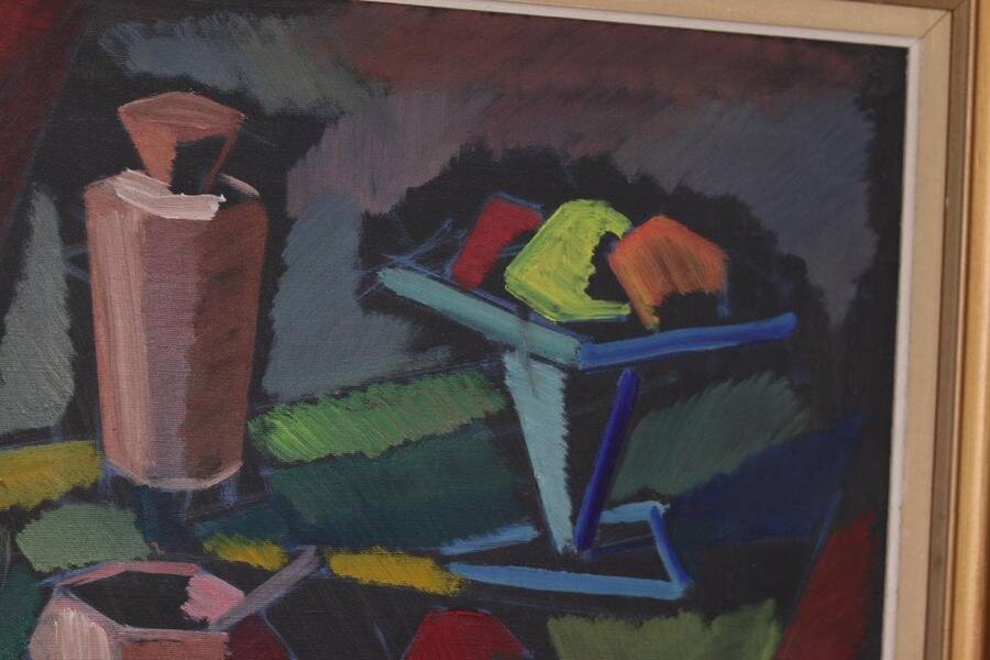 Original mid-century Swedish oil on canvas – “Kubisk Still Life” by Bror Göransson – vintage & framed – 75 × 64 cm (29.5" × 25.2")